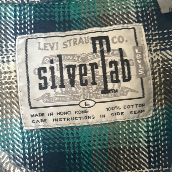 Levis Silvertab Shirt Mens Large Plaid Aqua Tan Flannel Button Up Long Sleeve - Picture 3 of 8